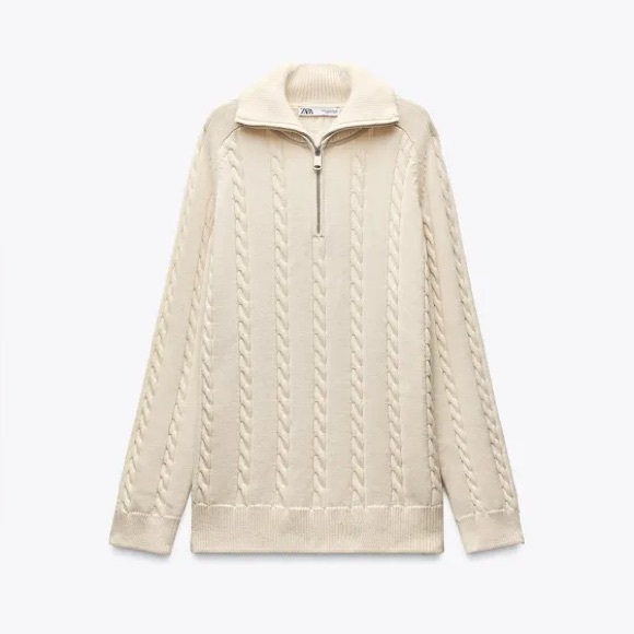 ZARA Women’s Cream Cotton Cable-knit Polo Dad Sweater with Zip Collar | XL NWT - Picture 7 of 13